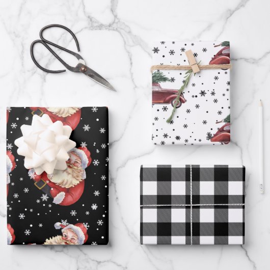 レトロヴィンテージサンタツリーオンカー&プレイド ラッピングペーパーシート (正面)