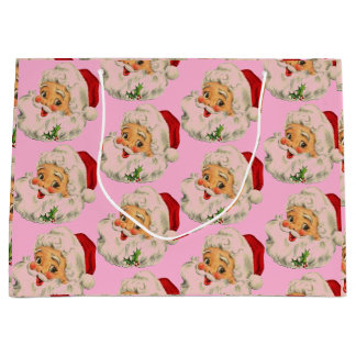 レトロヴィンテージサンタピンククリスマス ラージペーパーバッグ