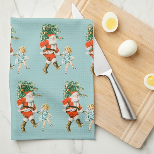 レトロヴィンテージサンタ&ガールクリスマス キッチンタオル (四つ折り)