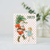 レトロヴィンテージサンタ&ガールクリスマス シーズンポストカード (スタンド正面)