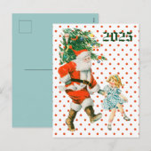 レトロヴィンテージサンタ&ガールクリスマス シーズンポストカード (正面/裏面)