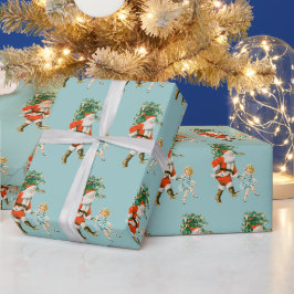レトロヴィンテージサンタ&ガールクリスマス ラッピングペーパー