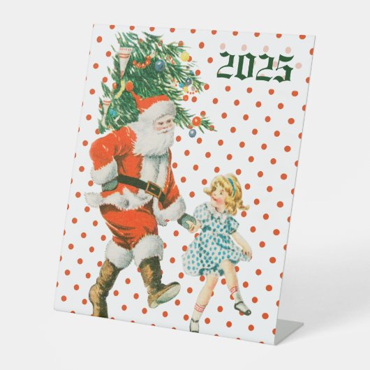 レトロヴィンテージサンタ&ガールクリスマス 台座サイン (正面)