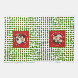 レトロヴィンテージサンタ、トナカイとホリー キッチンタオル