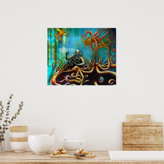 レトロヴィンテージスキューバダイバーメタルスーツのタコ ポスター (キッチン)