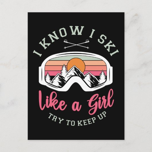 レトロヴィンテージスノースキースキー女の子のように保す シーズンポストカード (正面)