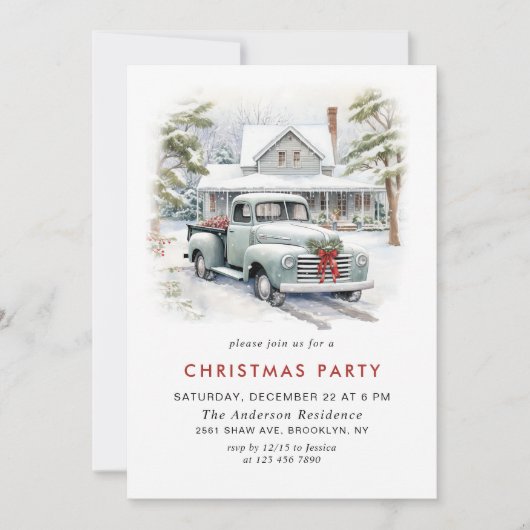 レトロヴィンテージセージファームトラッククリスマスパーティー 招待状 (正面)