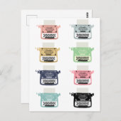 レトロヴィンテージタイプライター、ピンク、ブルー、イエロー ポストカード (正面/裏面)