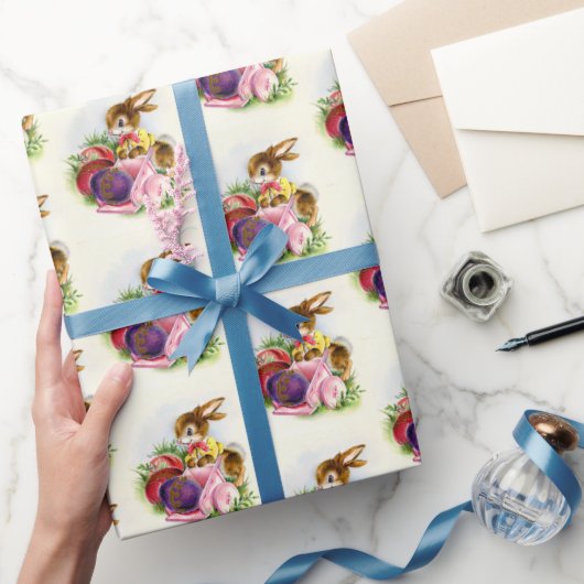 レトロヴィンテージタイルのイースターバニーホリデー ラッピングペーパー (ギフト)