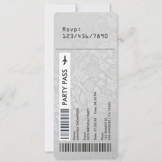 レトロヴィンテージダマスクボーディングパスバースデーパーティー 招待状 (正面)