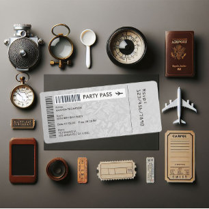 レトロヴィンテージダマスクボーディングパスバースデーパーティー 招待状