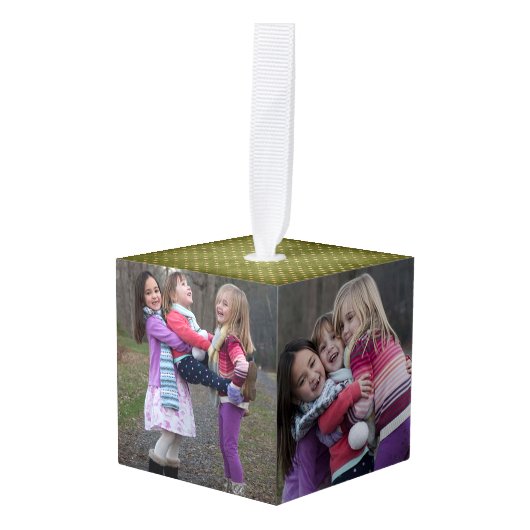 レトロヴィンテージトナカイのクリスマスファミリーフォト キューブオーナメント (正面アングル)