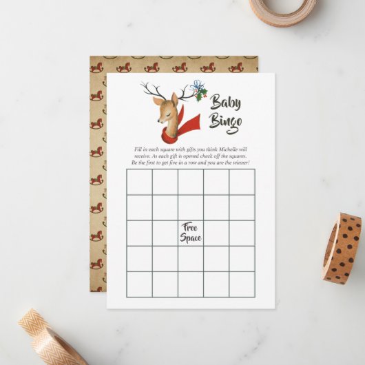 レトロヴィンテージトナカイのクリスマスベビーシャワービンゴ ノートカード (正面/裏面インサイチュ)