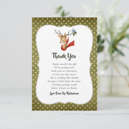 レトロヴィンテージトナカイのクリスマスベビーシャワー サンキューカード (スタンド正面)
