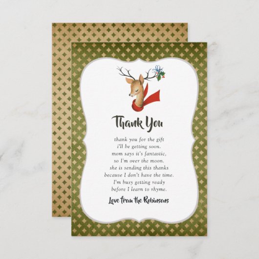 レトロヴィンテージトナカイのクリスマスベビーシャワー サンキューカード (正面/裏面)
