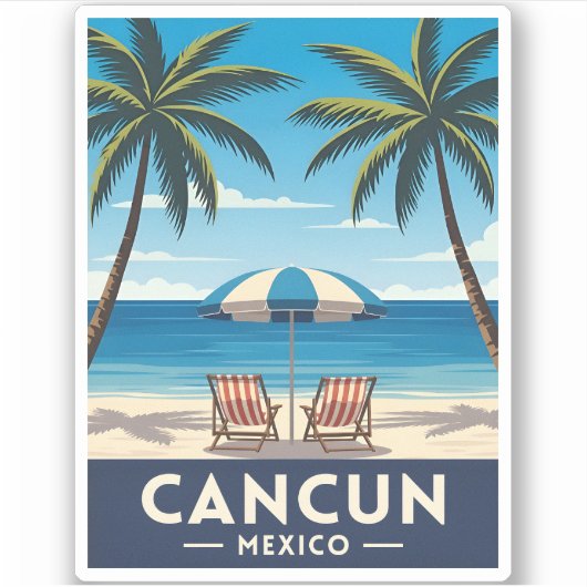 レトロヴィンテージトラベルカンクンメキシコビーチ風景 シール (正面)
