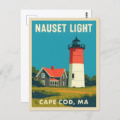 レトロヴィンテージトラベルケープコッドナウゼットライトハウス ポストカード (正面/裏面)