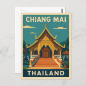 レトロヴィンテージトラベルチェンマイタイランドテンプル ポストカード (正面/裏面)