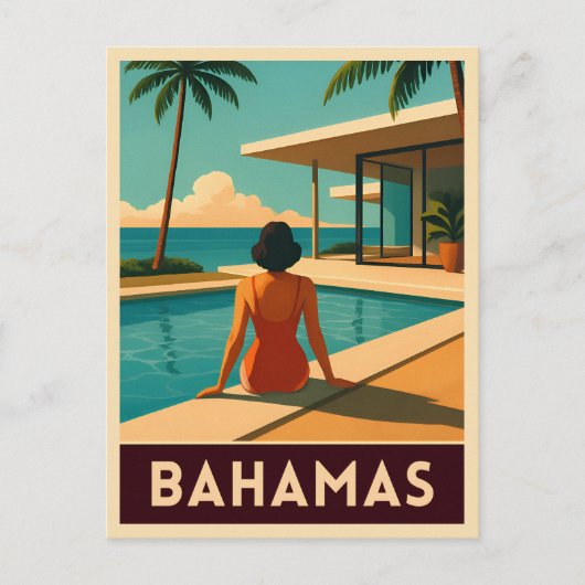 レトロヴィンテージトラベルバハマトロピカルシーサイドプール ポストカード (正面)