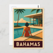 レトロヴィンテージトラベルバハマトロピカルシーサイドプール ポストカード (正面/裏面)