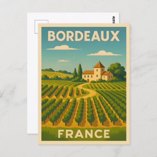 レトロヴィンテージトラベルボルドーフランスヴィネヤード ポストカード (正面/裏面)