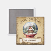 レトロヴィンテージハウスインスノーグローブメリークリスマス マグネット (正面/裏面)
