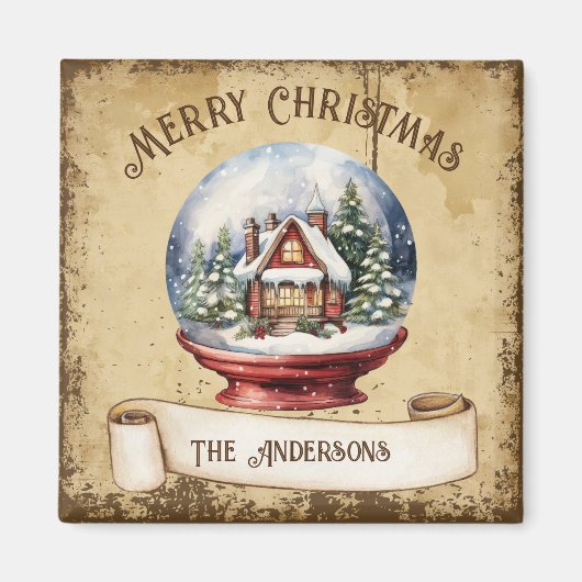 レトロヴィンテージハウスインスノーグローブメリークリスマス マグネット (正面)