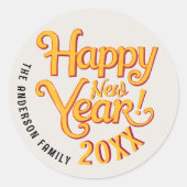 レトロヴィンテージハッピーニューイヤー黄色のスクリプトの種類 ラウンドシール (正面)