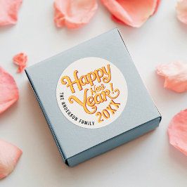 レトロヴィンテージハッピーニューイヤー黄色のスクリプトの種類 ラウンドシール