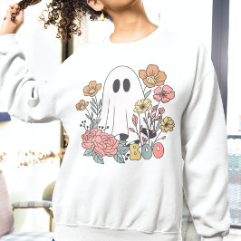 レトロヴィンテージハロウィーン幽霊ブアンドフラワー スウェットシャツ