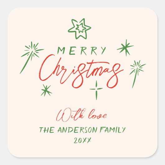 レトロヴィンテージハンドドロッドスターズメリークリスマス スクエアシール (正面)