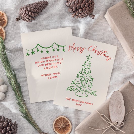 レトロヴィンテージハンドドローユニークツリーのクリスマス シーズンカード