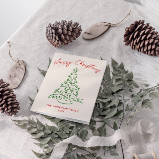 レトロヴィンテージハンドドローユニークツリーのクリスマス シーズンカード