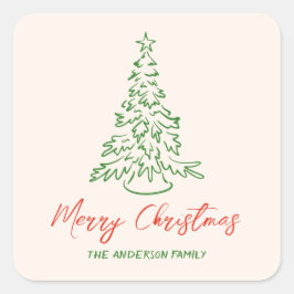 レトロヴィンテージハンドドローユニークツリーのクリスマス スクエアシール