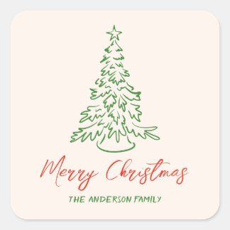 レトロヴィンテージハンドドローユニークツリーのクリスマス スクエアシール