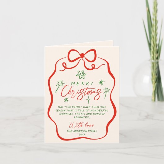 レトロヴィンテージハンドドロー予測できなド弓クリスマス シーズンカード (正面)