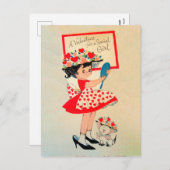 レトロヴィンテージバレンタインの女の子はがき シーズンポストカード (正面/裏面)