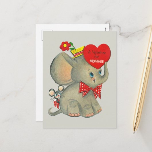 レトロヴィンテージバレンタインエレファントママ シーズンポストカード (正面/裏面インサイチュ)