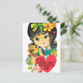 レトロヴィンテージバレンタインガールキャットホリディポストカード シーズンポストカード (スタンド正面)
