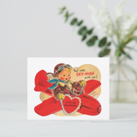 レトロヴィンテージバレンタインデー飛行機はがき シーズンポストカード (スタンド正面)
