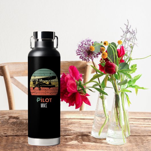 レトロヴィンテージパイロットタイポグラフィと飛行機カスタム、 ウォーターボトル