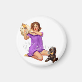 レトロヴィンテージピロー戦ピンナップガールと子犬 マグネット