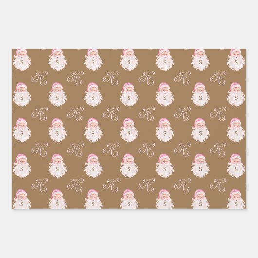 レトロヴィンテージピンククリスマスサンタクロースモノグラム ラッピングペーパーシート (正面2)