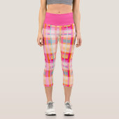 レトロヴィンテージピンクプレイドパターンインパステル カプリレギンス (正面)