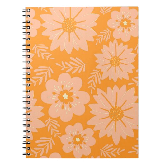 レトロヴィンテージピーチファズオレンジフラワーパターン ノートブック (正面)