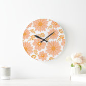 レトロヴィンテージピーチファズオレンジフラワーパターン ラージ壁時計 (ホーム)