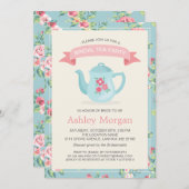 レトロヴィンテージフローラデコールブライダルシャワーティーパーティー 招待状 (正面/裏面)