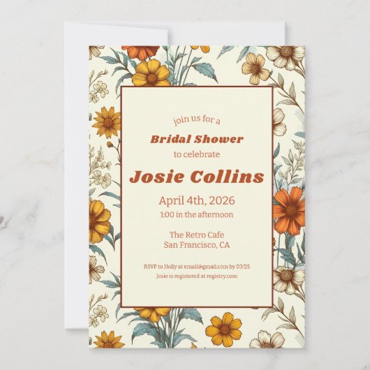 レトロヴィンテージフローラ70sタイムレスブライダルシャワー 招待状 (正面)