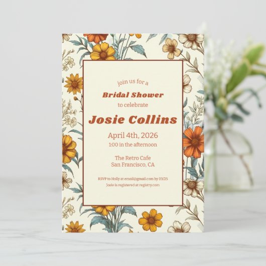 レトロヴィンテージフローラ70sタイムレスブライダルシャワー 招待状 (スタンド正面)