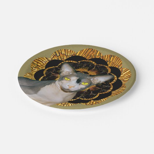 レトロヴィンテージブラック金ゴールドベージュスフィンクス猫パーティー ペーパープレート (アングル)
